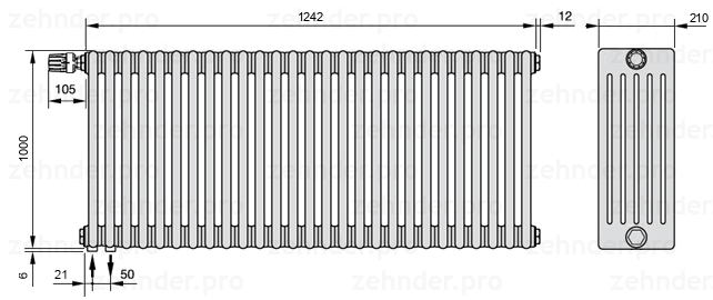 Схема (чертеж) Радиатор Zehnder Charleston 6100/27 №V001 Белый глянцевый RAL 9016